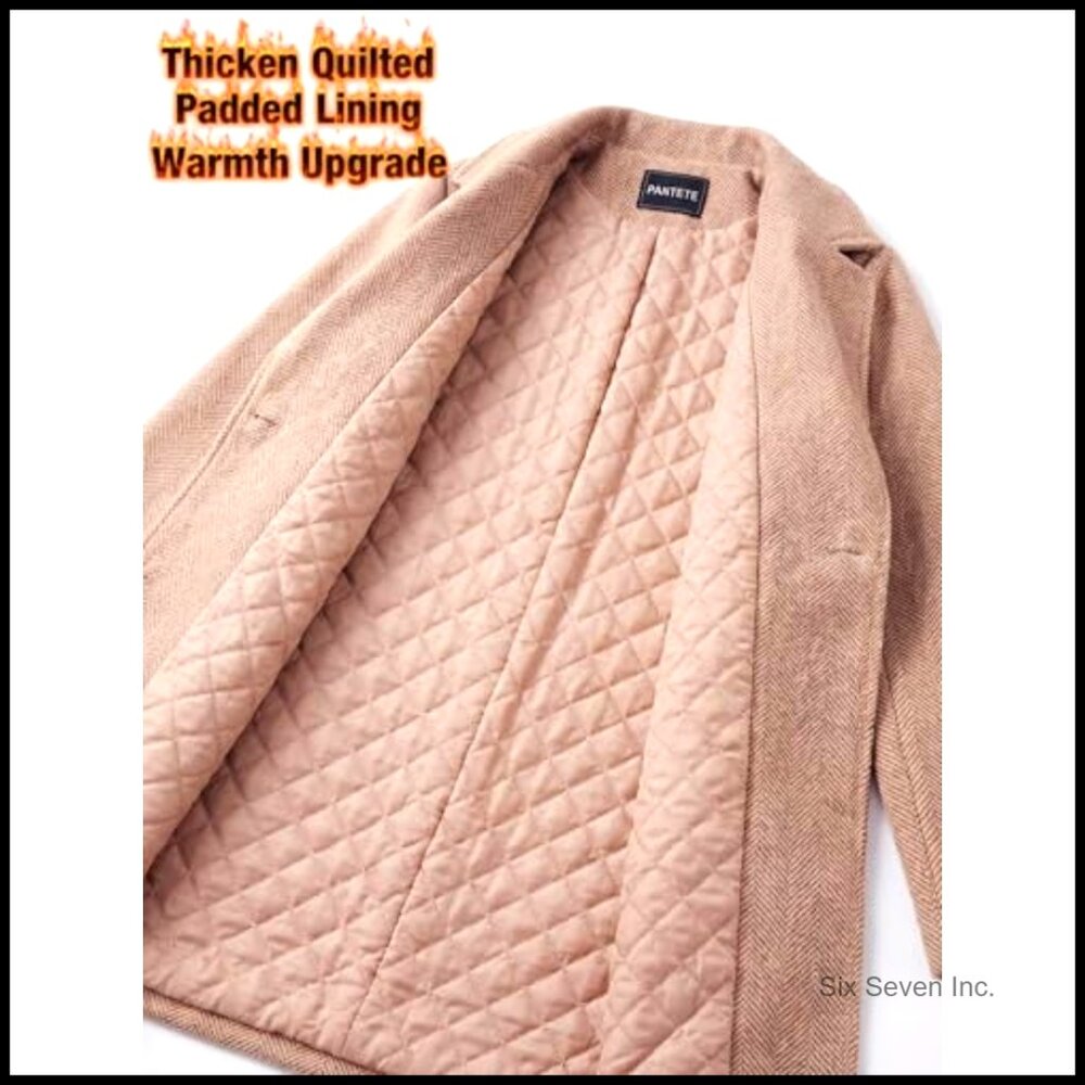 Women's Winter Pea Coat Herringbone Notch Lapel Quilted Lined Trench Jacket - Picture 6 of 6